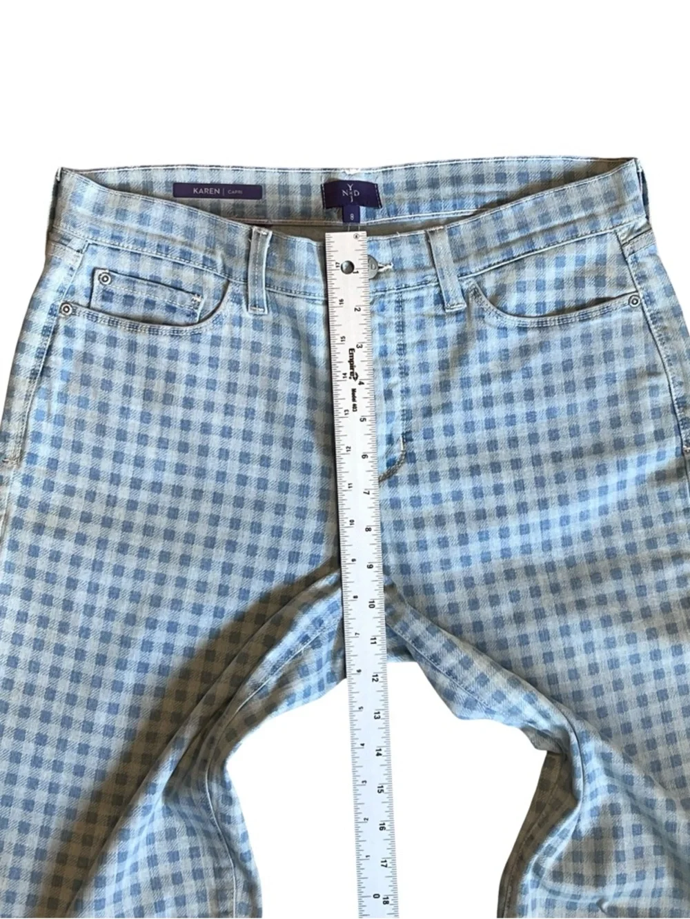 NYDJ Women’s Sz 8 Blue Gingham High Rise Karen Capri Denim Jeans Stretch - Picture 13 of 16